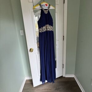 Cachet Royal Blue Gown with Gold  Detailing